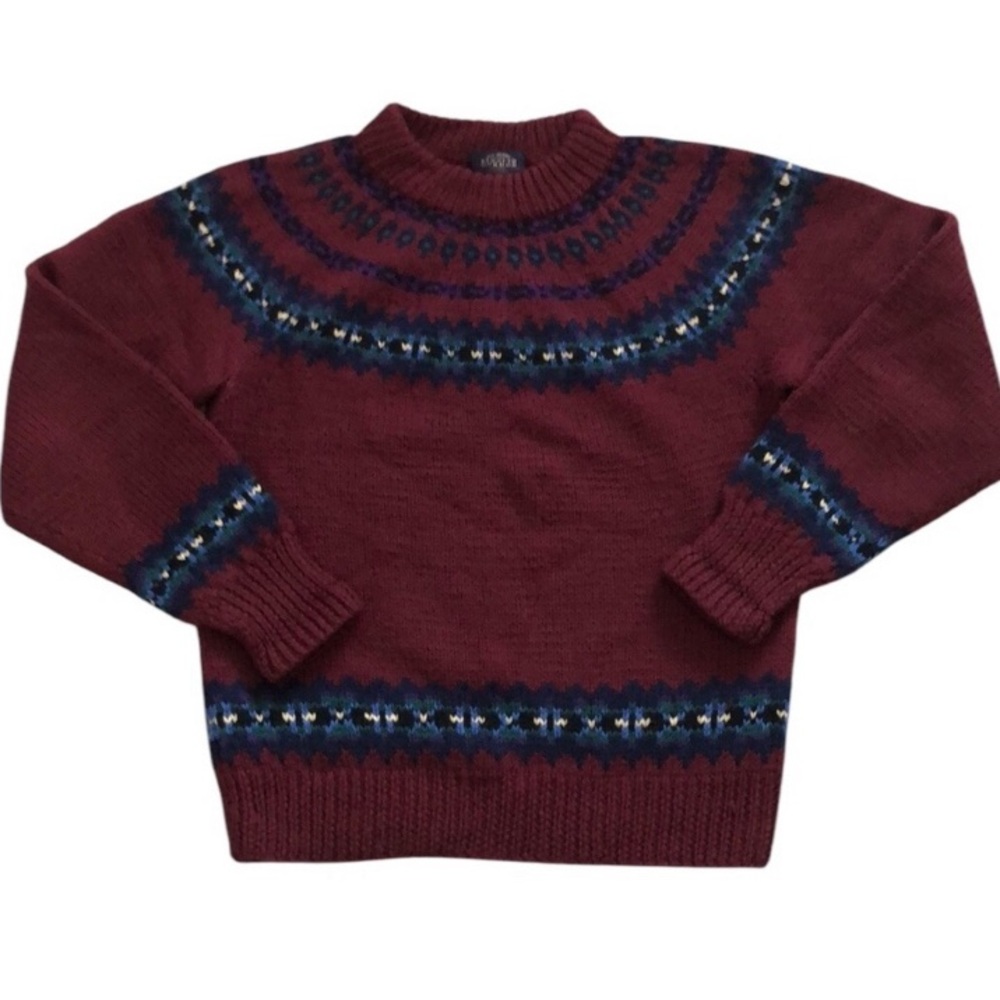 Kenneth Gordon Womens Mock neck Fair Isle Sweater Sz L Burgundy 100% Wool Warm